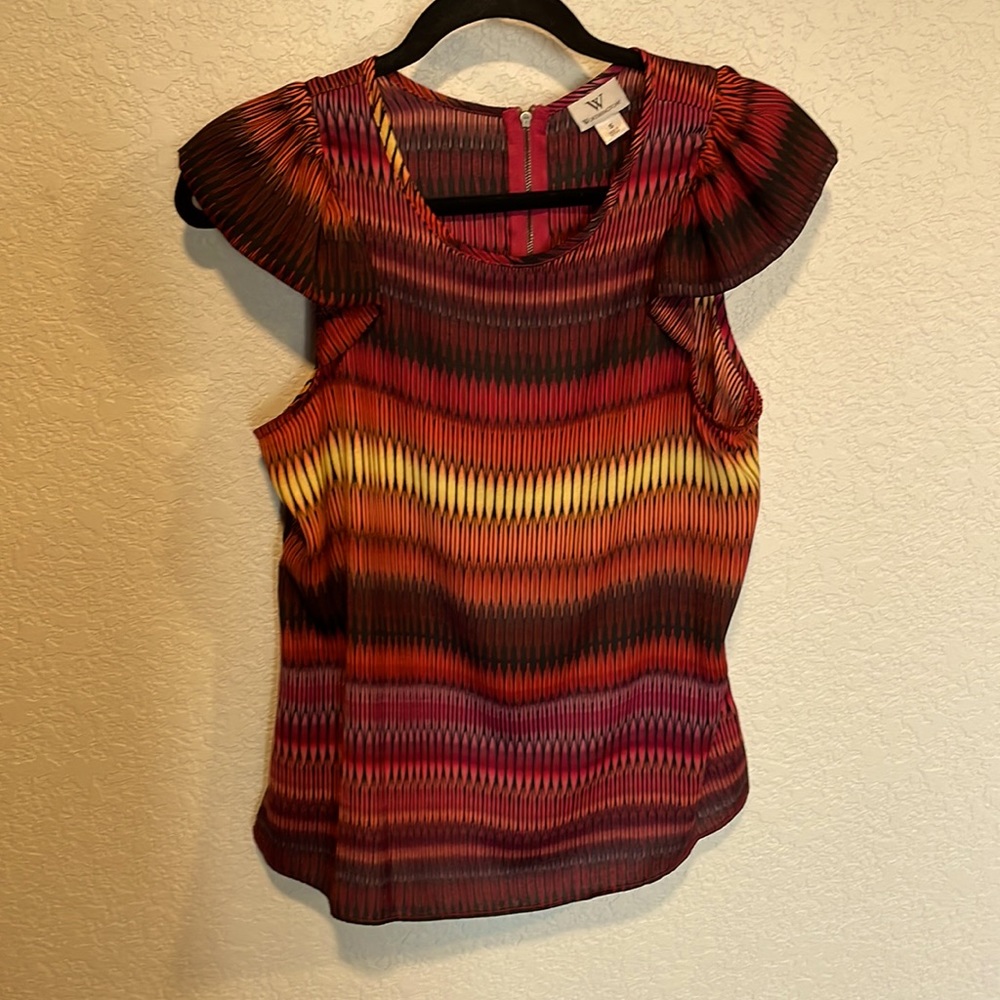 Worthington Ruffle Sleeve sleeveless blouse Sz S flame stitch multicolor 🔥🌷